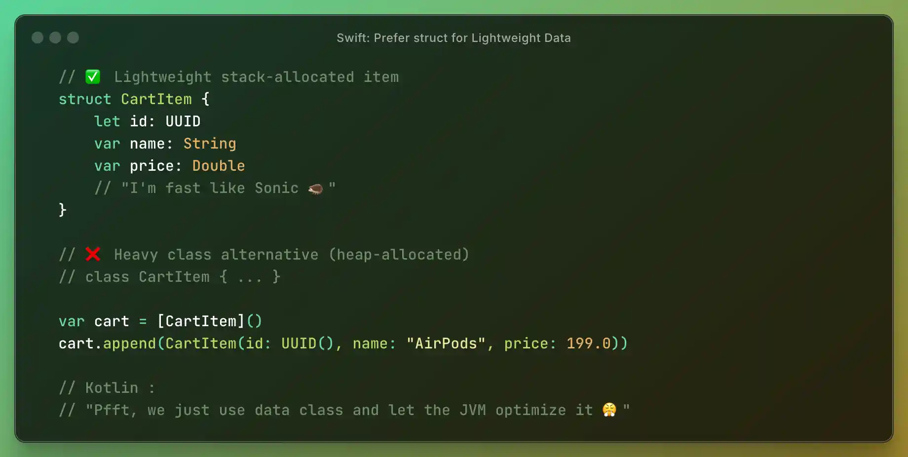 Swift: Prefer struct for Lightweight Data
